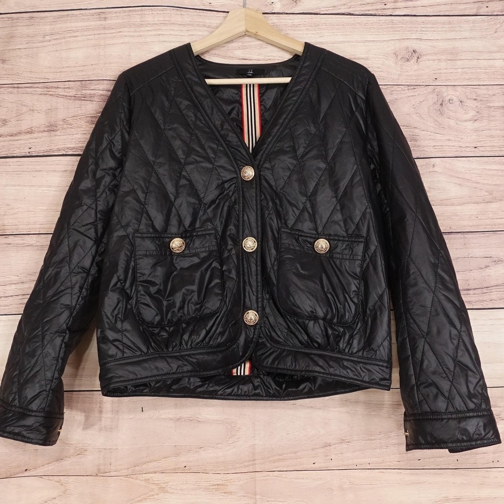Joh. Jacket Womens XS Black Quilted Nylon Gold Snap‎ Button Pockets Short